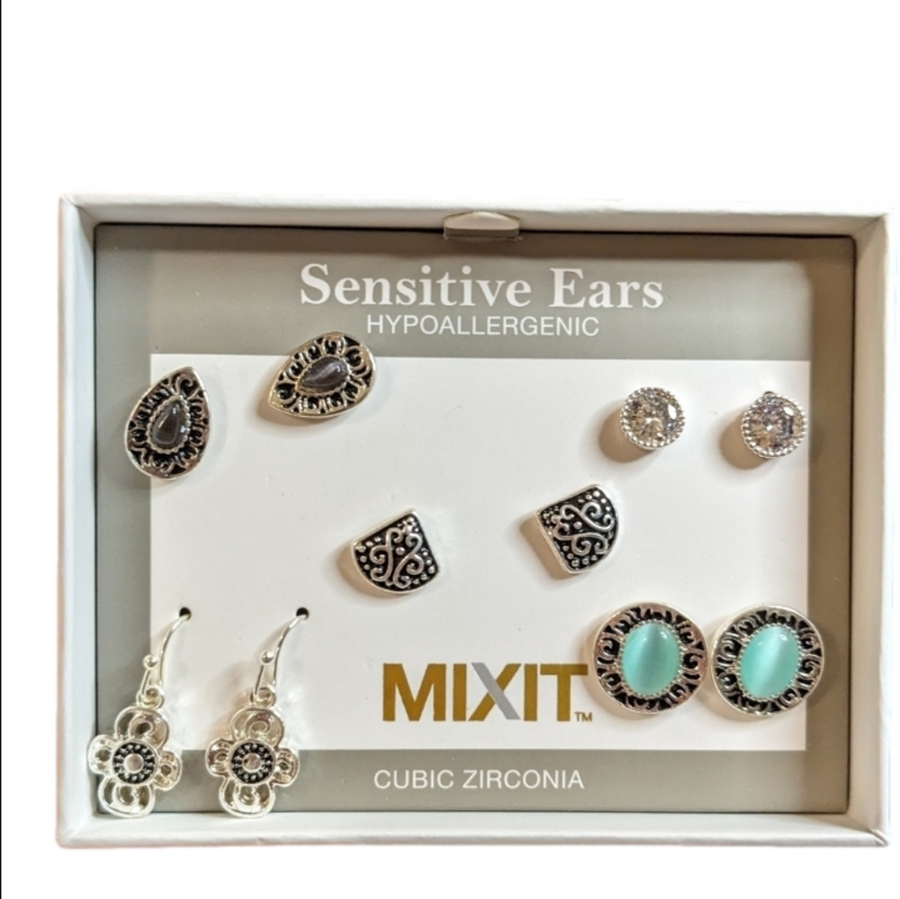 MIXIT Box Set Silver Tone Earrings‎ for Sensitive Ears